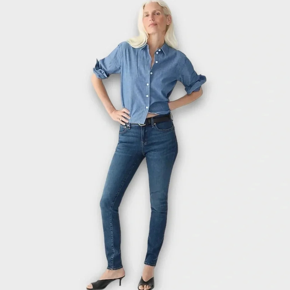 J. Crew High Waist Curvy Raw Hem Toothpick Blue Denim Jeans Size 32 Tall